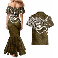 Aloha Hawaii Kalo Pikake Lei Couples Matching Mermaid Dress and Hawaiian Shirt Chest Tattoo Gold Hawaiian Pattern LT14 - Polynesian Pride