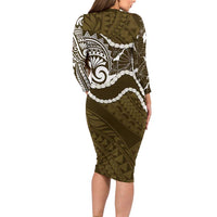 Aloha Hawaii Kalo Pikake Lei Family Matching Long Sleeve Bodycon Dress and Hawaiian Shirt Chest Tattoo Gold Hawaiian Pattern LT14 - Polynesian Pride