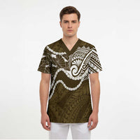 Aloha Hawaii Kalo Pikake Lei Scrub Top Chest Tattoo Gold Hawaiian Pattern