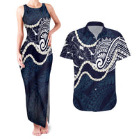 Aloha Hawaii Kalo Pikake Lei Couples Matching Tank Maxi Dress and Hawaiian Shirt Chest Tattoo Oxford Blue Hawaiian Pattern LT14 Oxford Blue - Polynesian Pride