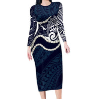 Aloha Hawaii Kalo Pikake Lei Family Matching Long Sleeve Bodycon Dress and Hawaiian Shirt Chest Tattoo Oxford Blue Hawaiian Pattern LT14 Mom's Dress Oxford Blue - Polynesian Pride