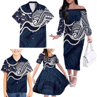 Aloha Hawaii Kalo Pikake Lei Family Matching Off The Shoulder Long Sleeve Dress and Hawaiian Shirt Chest Tattoo Oxford Blue Hawaiian Pattern LT14 - Polynesian Pride