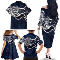 Aloha Hawaii Kalo Pikake Lei Family Matching Off The Shoulder Long Sleeve Dress and Hawaiian Shirt Chest Tattoo Oxford Blue Hawaiian Pattern LT14 - Polynesian Pride
