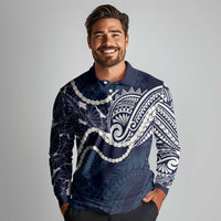 Aloha Hawaii Kalo Pikake Lei Long Sleeve Polo Shirt Chest Tattoo Oxford Blue Hawaiian Pattern