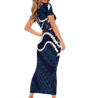 Aloha Hawaii Kalo Pikake Lei Short Sleeve Bodycon Dress Chest Tattoo Oxford Blue Hawaiian Pattern