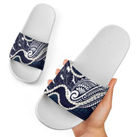 Aloha Hawaii Kalo Pikake Lei Slide Sandals Chest Tattoo Oxford Blue Hawaiian Pattern