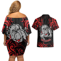 Personalised Aotearoa Bulldog Couples Matching Off Shoulder Short Dress and Hawaiian Shirt NZ Maori Tattoo