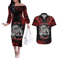 Personalised Aotearoa Bulldog Couples Matching Off The Shoulder Long Sleeve Dress and Hawaiian Shirt NZ Maori Tattoo
