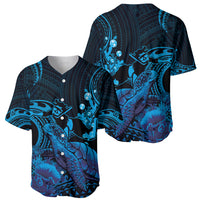 Blue Aloha Hawaii Baseball Jersey Snorkeling With Sea Turtle Polynesian Pattern