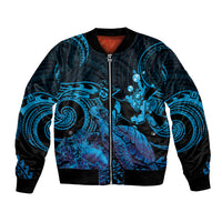 Blue Aloha Hawaii Bomber Jacket Snorkeling With Sea Turtle Polynesian Pattern