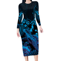 Blue Aloha Hawaii Long Sleeve Bodycon Dress Snorkeling With Sea Turtle Polynesian Pattern