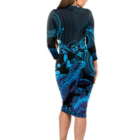 Blue Aloha Hawaii Long Sleeve Bodycon Dress Snorkeling With Sea Turtle Polynesian Pattern
