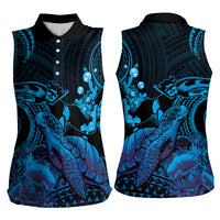 Blue Aloha Hawaii Women Sleeveless Polo Shirt Snorkeling With Sea Turtle Polynesian Pattern