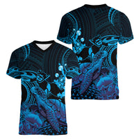 Blue Aloha Hawaii Women V-Neck T-Shirt Snorkeling With Sea Turtle Polynesian Pattern