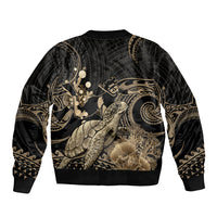 Gold Aloha Hawaii Bomber Jacket Snorkeling With Sea Turtle Polynesian Pattern