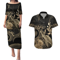 Gold Aloha Hawaii Couples Matching Puletasi and Hawaiian Shirt Snorkeling With Sea Turtle Polynesian Pattern
