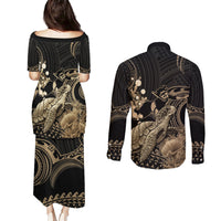 Gold Aloha Hawaii Couples Matching Puletasi and Long Sleeve Button Shirt Snorkeling With Sea Turtle Polynesian Pattern