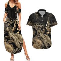 Gold Aloha Hawaii Couples Matching Summer Maxi Dress and Hawaiian Shirt Snorkeling With Sea Turtle Polynesian Pattern LT14 Gold - Polynesian Pride