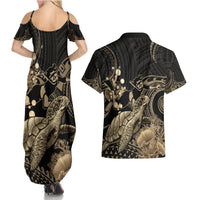 Gold Aloha Hawaii Couples Matching Summer Maxi Dress and Hawaiian Shirt Snorkeling With Sea Turtle Polynesian Pattern LT14 - Polynesian Pride