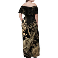 Gold Aloha Hawaii Family Matching Off Shoulder Maxi Dress and Hawaiian Shirt Snorkeling With Sea Turtle Polynesian Pattern