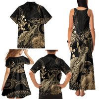 Gold Aloha Hawaii Family Matching Tank Maxi Dress and Hawaiian Shirt Snorkeling With Sea Turtle Polynesian Pattern