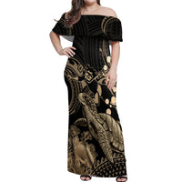 Gold Aloha Hawaii Off Shoulder Maxi Dress Snorkeling With Sea Turtle Polynesian Pattern