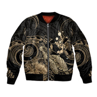 Gold Aloha Hawaii Sleeve Zip Bomber Jacket Snorkeling With Sea Turtle Polynesian Pattern