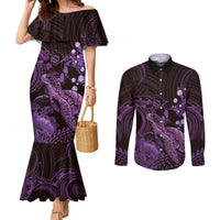 Purple Aloha Hawaii Couples Matching Mermaid Dress and Long Sleeve Button Shirt Snorkeling With Sea Turtle Polynesian Pattern LT14 Purple - Polynesian Pride