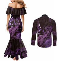 Purple Aloha Hawaii Couples Matching Mermaid Dress and Long Sleeve Button Shirt Snorkeling With Sea Turtle Polynesian Pattern LT14 - Polynesian Pride