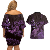 Purple Aloha Hawaii Couples Matching Off Shoulder Short Dress and Hawaiian Shirt Snorkeling With Sea Turtle Polynesian Pattern LT14 - Polynesian Pride