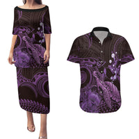 Purple Aloha Hawaii Couples Matching Puletasi and Hawaiian Shirt Snorkeling With Sea Turtle Polynesian Pattern