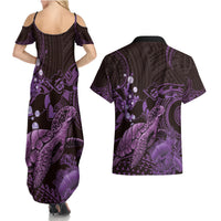 Purple Aloha Hawaii Couples Matching Summer Maxi Dress and Hawaiian Shirt Snorkeling With Sea Turtle Polynesian Pattern