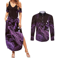 Purple Aloha Hawaii Couples Matching Summer Maxi Dress and Long Sleeve Button Shirt Snorkeling With Sea Turtle Polynesian Pattern