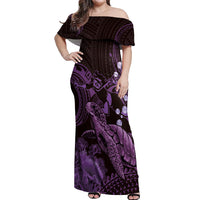 Purple Aloha Hawaii Off Shoulder Maxi Dress Snorkeling With Sea Turtle Polynesian Pattern
