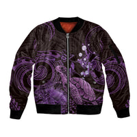 Purple Aloha Hawaii Sleeve Zip Bomber Jacket Snorkeling With Sea Turtle Polynesian Pattern