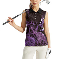 Purple Aloha Hawaii Women Sleeveless Polo Shirt Snorkeling With Sea Turtle Polynesian Pattern