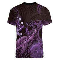 Purple Aloha Hawaii Women V-Neck T-Shirt Snorkeling With Sea Turtle Polynesian Pattern
