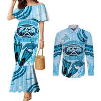 Hawaii Sea Turtle Snorkeling Is My Therapy Couples Matching Mermaid Dress and Long Sleeve Button Shirt LT14 Blue - Polynesian Pride