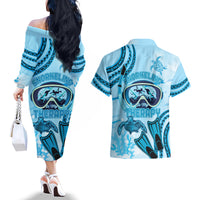 Hawaii Sea Turtle Snorkeling Is My Therapy Couples Matching Off The Shoulder Long Sleeve Dress and Hawaiian Shirt