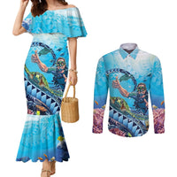 Hawaii Snorkeling Honu Turtle Couples Matching Mermaid Dress and Long Sleeve Button Shirt Under The Ocean Vibes LT14 Blue - Polynesian Pride