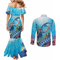 Hawaii Snorkeling Honu Turtle Couples Matching Mermaid Dress and Long Sleeve Button Shirt Under The Ocean Vibes LT14 - Polynesian Pride