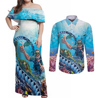 Hawaii Snorkeling Honu Turtle Couples Matching Off Shoulder Maxi Dress and Long Sleeve Button Shirt Under The Ocean Vibes