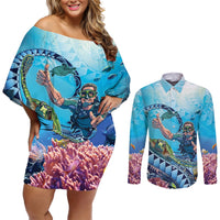 Hawaii Snorkeling Honu Turtle Couples Matching Off Shoulder Short Dress and Long Sleeve Button Shirt Under The Ocean Vibes