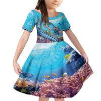 Hawaii Snorkeling Honu Turtle Family Matching Mermaid Dress and Hawaiian Shirt Under The Ocean Vibes LT14 Daughter's Dress Blue - Polynesian Pride