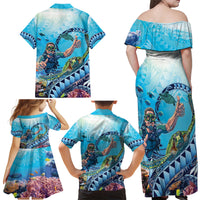 Hawaii Snorkeling Honu Turtle Family Matching Off Shoulder Maxi Dress and Hawaiian Shirt Under The Ocean Vibes LT14 - Polynesian Pride