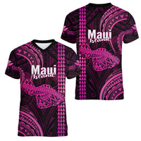 Polynesian Pride Hawaiian Islands Women V Neck T Shirt Maui Map Pink Kanaka With Kakau LT14 - Polynesian Pride