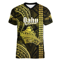 Polynesian Pride Hawaiian Islands Women V Neck T Shirt Oahu Map Yellow Kanaka With Kakau LT14 Female Yellow - Polynesian Pride