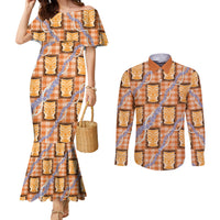 Aloha Hawaii Tiki Palaka Motifs Couples Matching Mermaid Dress and Long Sleeve Button Shirt Honohono Lei Orange Elegant Vibes LT14 Orange - Polynesian Pride