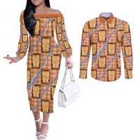 Aloha Hawaii Tiki Palaka Motifs Couples Matching Off The Shoulder Long Sleeve Dress and Long Sleeve Button Shirt Honohono Lei Orange Elegant Vibes LT14 Orange - Polynesian Pride