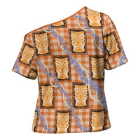 Aloha Hawaii Tiki Palaka Motifs Cross Shoulder Shirt Honohono Lei Orange Elegant Vibes